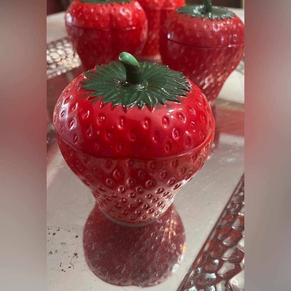 MCM Hazel Atlas- Set of 6- Milk Glass  Strawberry Jam Jars w Lids Beauties!